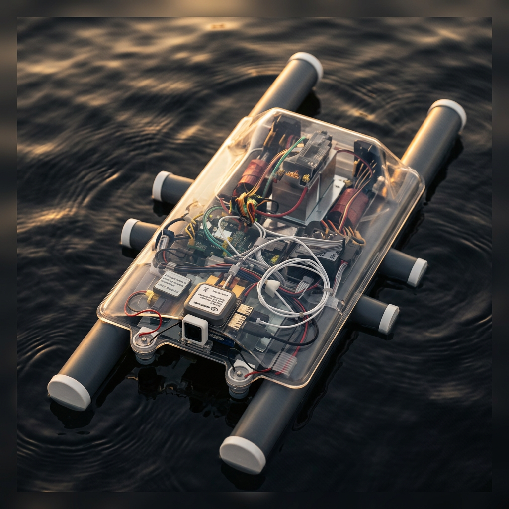 Autonomous USV collecting aquatic debris at golden hour